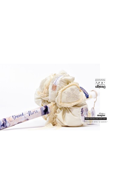 Lumanare de botez cu  ursuleti, dantela ivory, accente gold si bleumarin 22